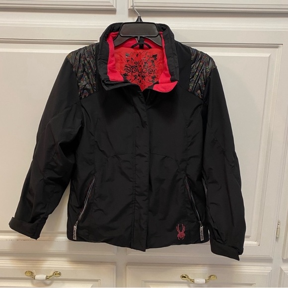 Spyder Ski Winter Snowboard Outdoor Hood Full Zip Coat Black Pink Girls Size 12 - Picture 1 of 13